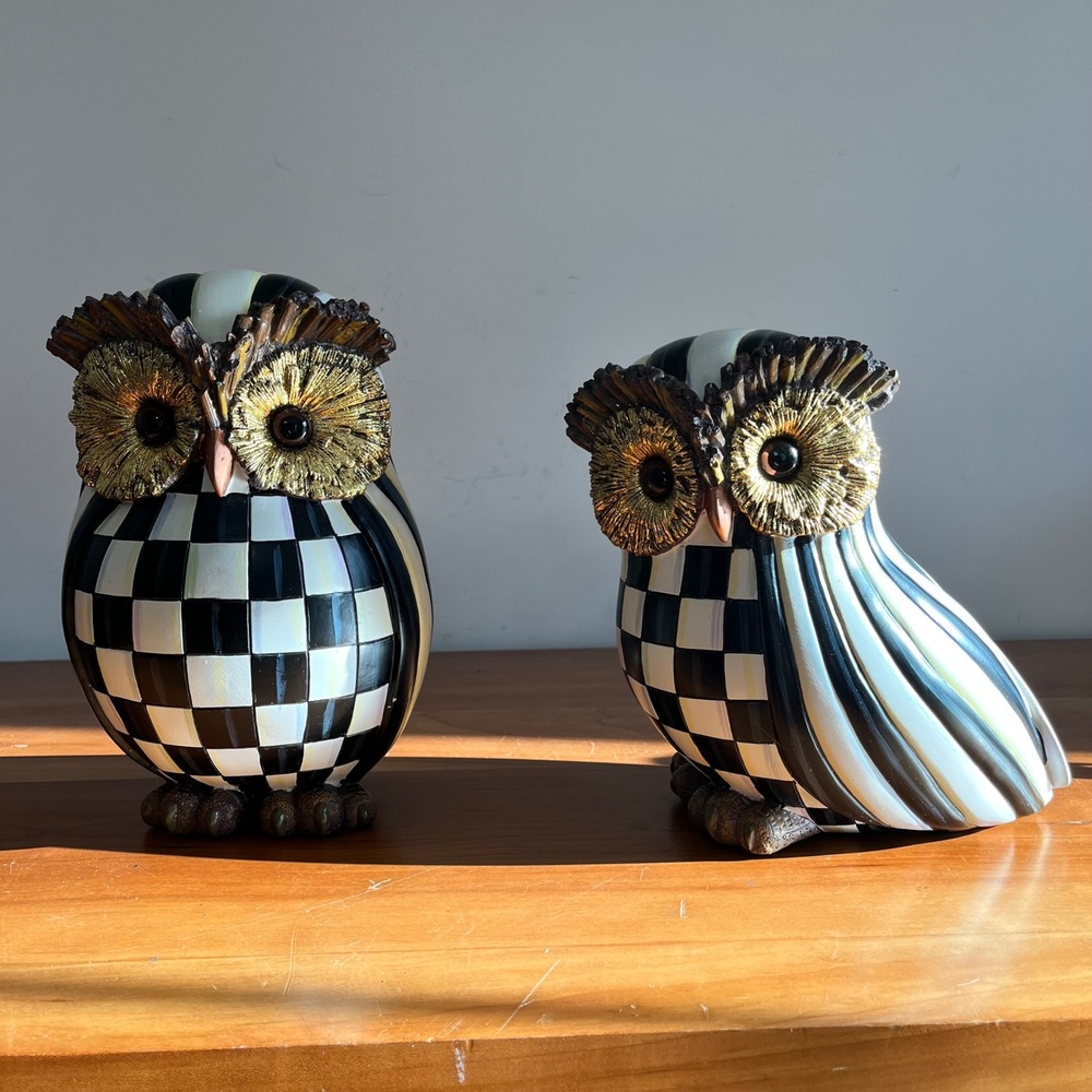 MacKenzie-Childs Courtly Check & Stripe Owl Set Black‎ White Gold Fall Owl